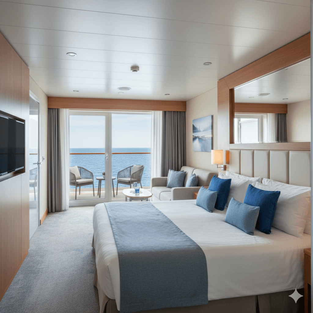 A luxurious MSC cruise ship cabin with a private balcony overlooking the ocean