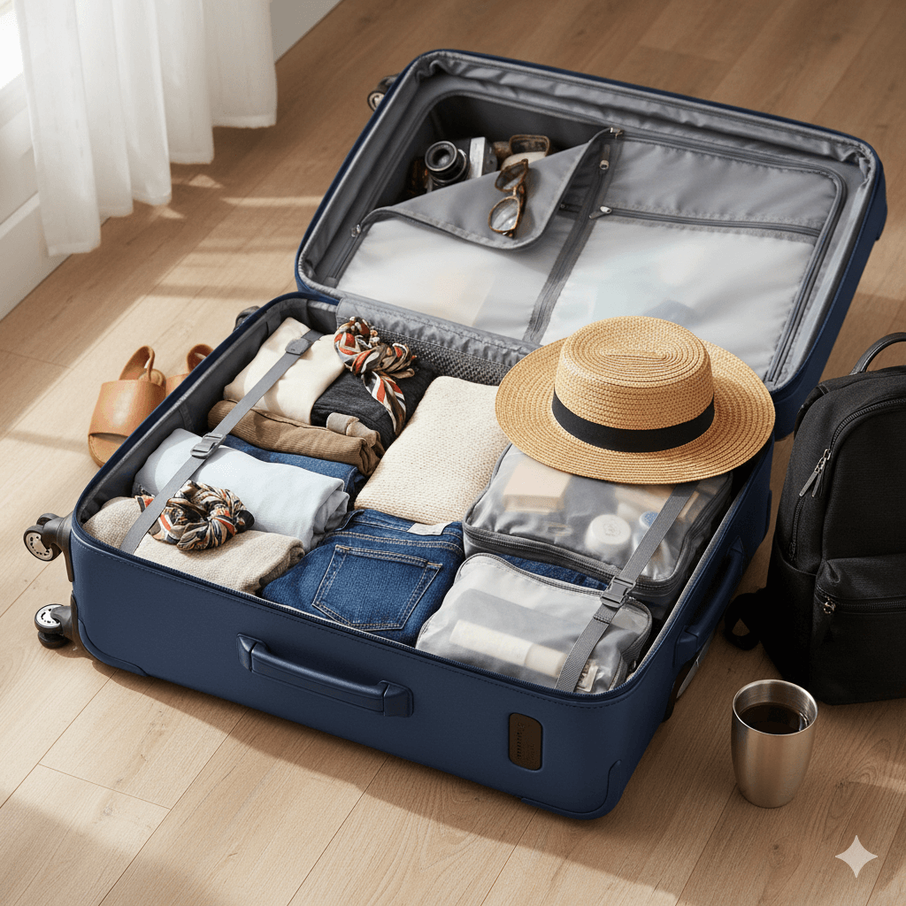 An open suitcase with clothes and travel accessories neatly packed