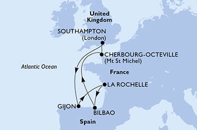 Southampton,Gijon,La Rochelle,Bilbao,Cherbourg,Southampton