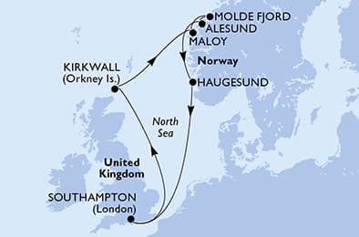Southampton,Kirkwall,Maloy,Molde Fjord,Alesund,Haugesund,Southampton