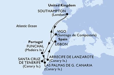 Southampton,Vigo,Funchal,Las Palmas de G.Canaria,Santa Cruz de Tenerife,Arrecife de Lanzarote,Lisbon,Southampton
