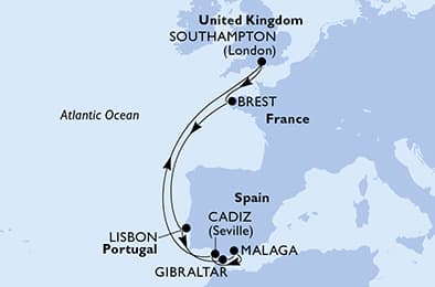 Southampton,Brest,Lisbon,Gibraltar,Malaga,Cadiz,Southampton
