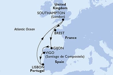 Southampton,Brest,Gijon,Vigo,Lisbon,Southampton