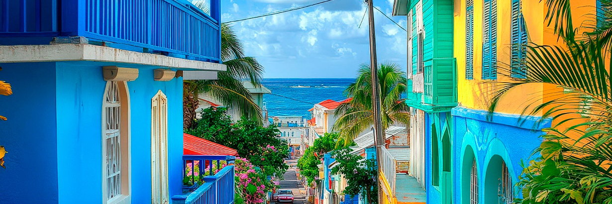 Pastel waterfront buildings in Bridgetown, Barbados
