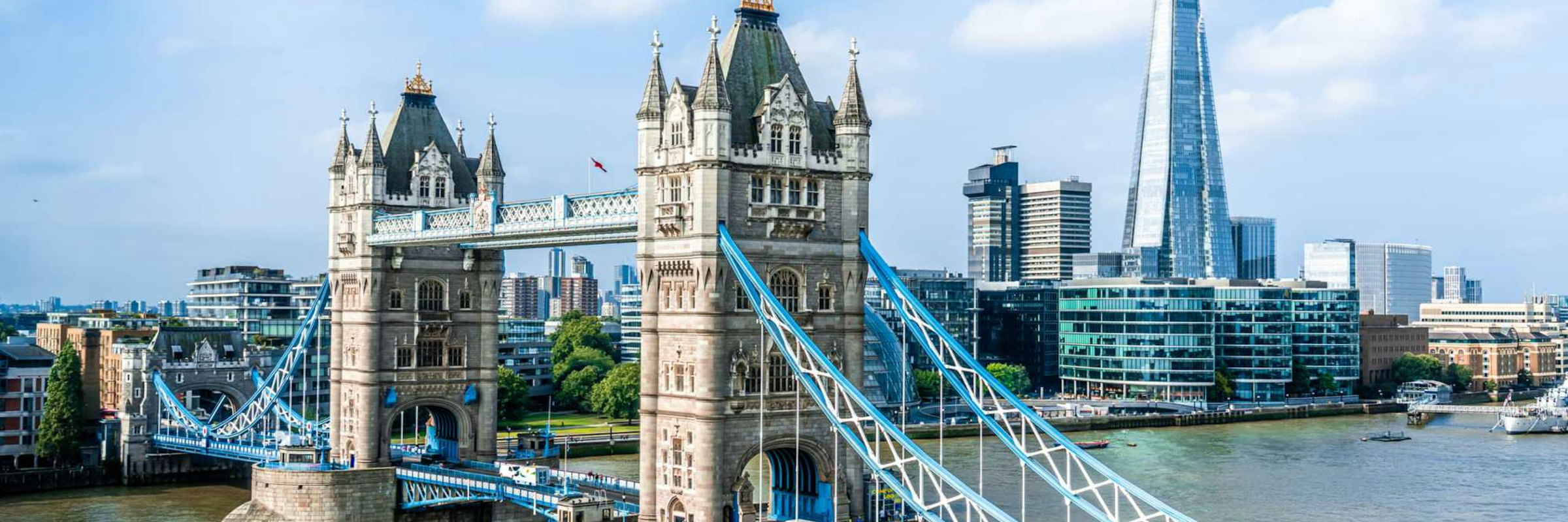Tower Bridge over the Thames with the City skyline behind
