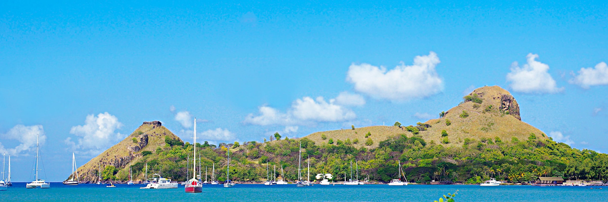 Sailboats at anchor in a bay below wooded hills